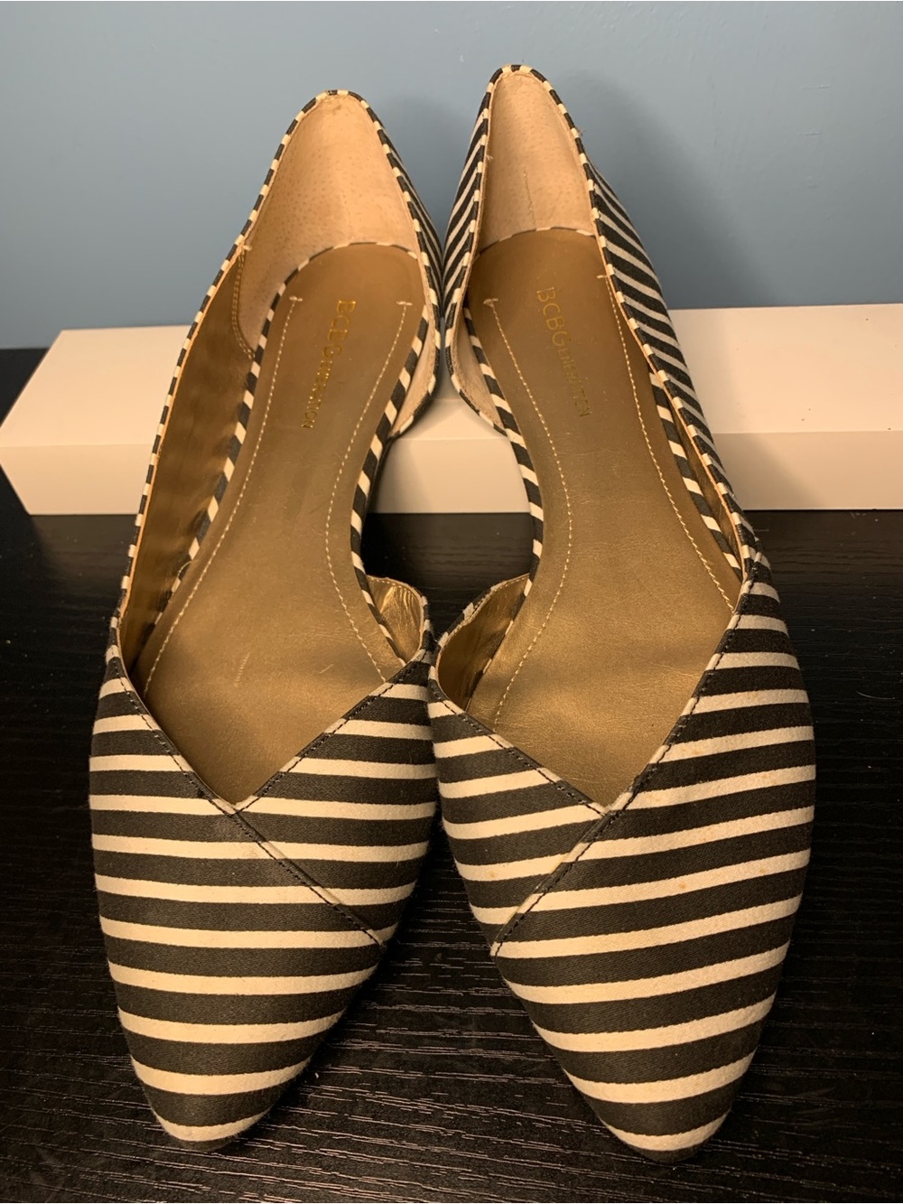 BCBGeneration Black and White Striped Pointed-Toe Flats